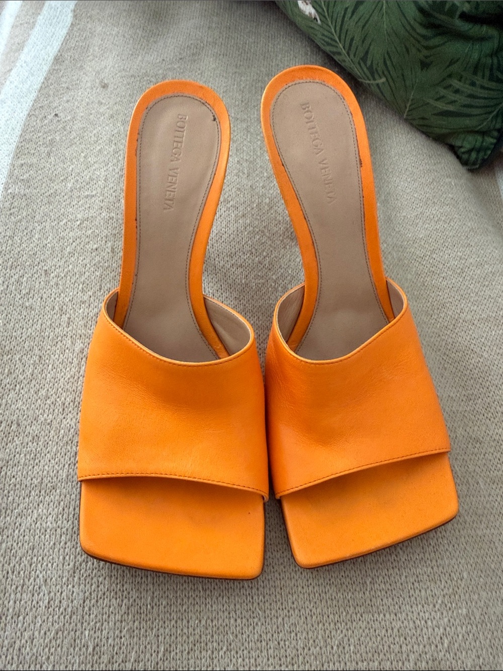 Bottega Veneta Bright Orange Leather Square-Toe Mules